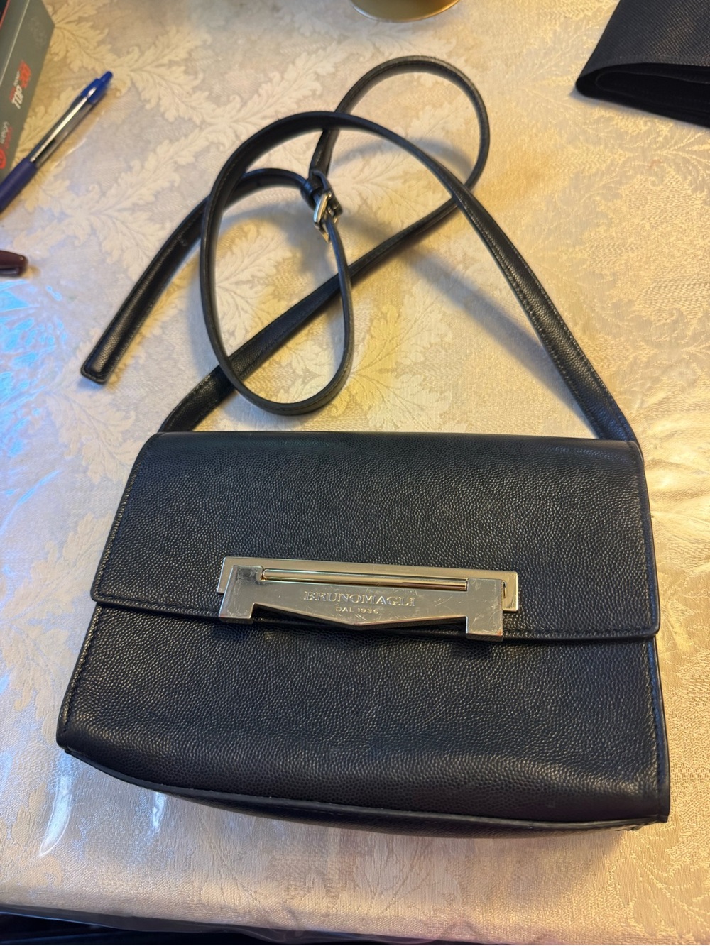 Bruno Magli Black Pebble Leather Crossbody Bag Flap Clutch Made in Italy